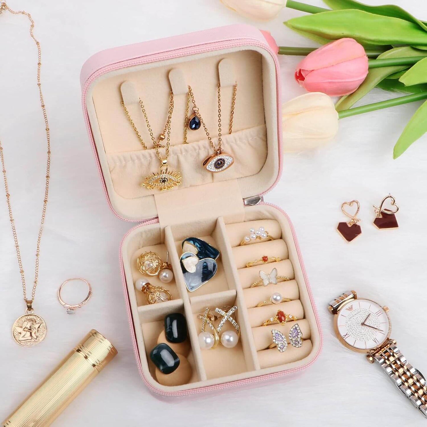 Jewelry Organizer Box For Girls PortableOrganizer For Rings, Earrings, Necklaces & Bracelets Stylish Jewelry Display Case